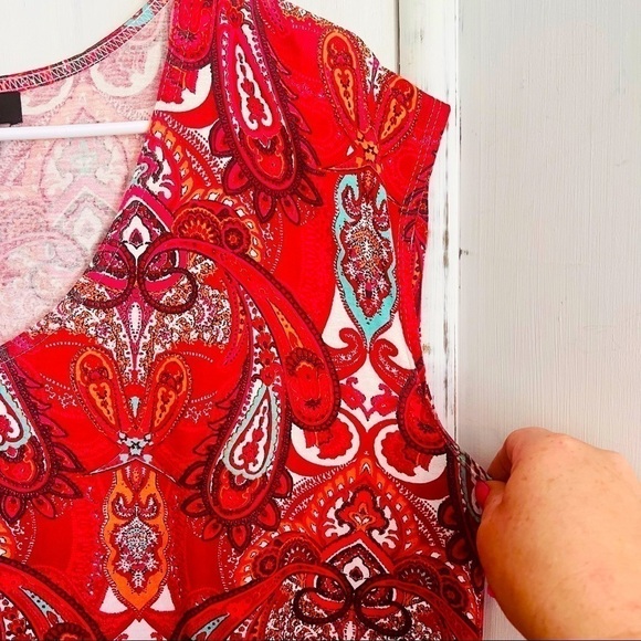 ELLOS Red Paisly Shift Dress Capped Sleeves Scoop Neck 100 Viscose Knee Length M - Picture 5 of 12
